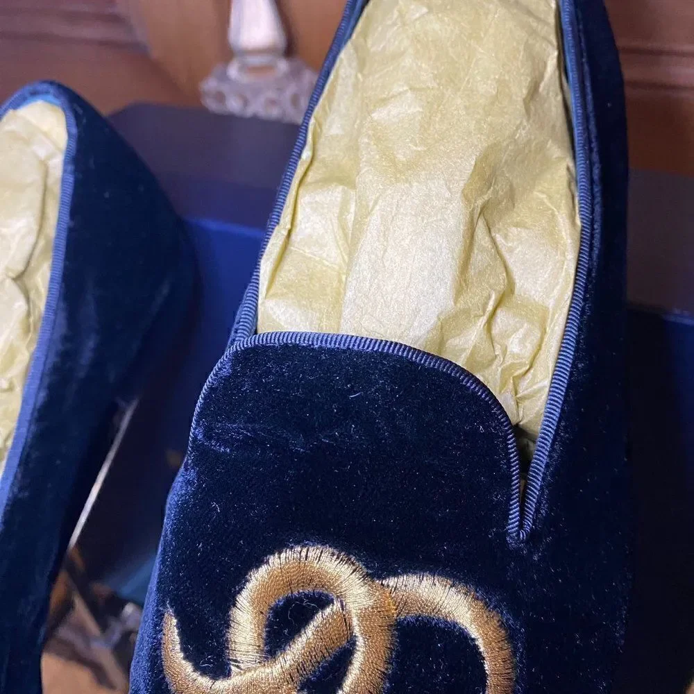 Ralph Lauren Collection Black Velvet Gold Bullion Embroidered Snake Slipper